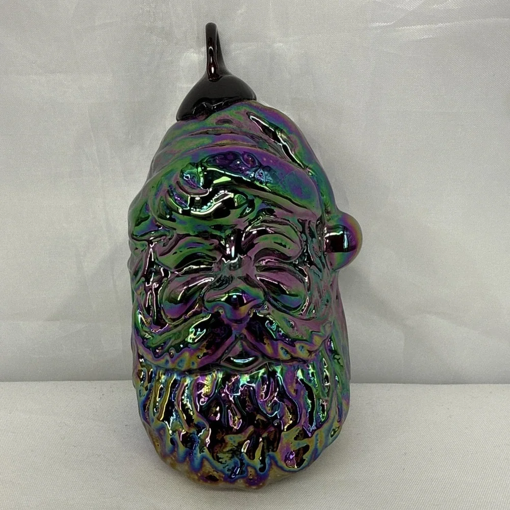 Iridescent Carnival Glass Santa Claus Head Christmas Ornament Heavy 4.5